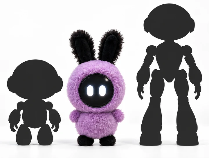 AI image. Three robots side by side: a small dark humanoid silhouette, Yomi the purple plush robot with black bunny ears, and a tall dark humanoid silhouette.