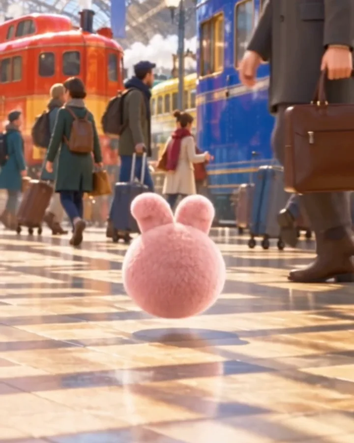 AI image. A small pink plush character on the floor of a busy train station, seen from behind, as travelers hurry past.