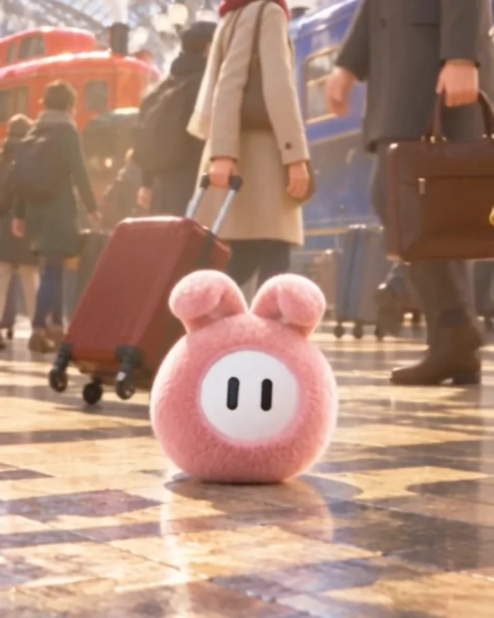 AI image. The pink plush turns to face the camera beside a red suitcase on the station floor.
