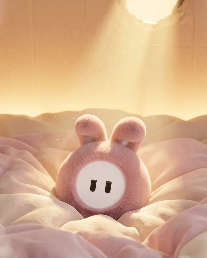 AI image. The pink plush tucked into soft blankets in a warm, sunlit box.